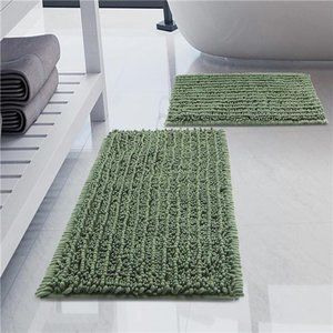 Luxury Chenille Sage Green Bathroom Rugs Sets 2 Piece, Thickened Hot Melt Rubber